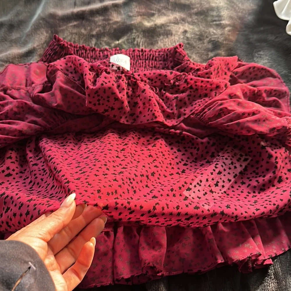 Misa Los Angeles Plum Star Dot Print Tiered Ruffle Mini Skirt